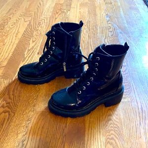Black shiny leather lace up zip up combat boots